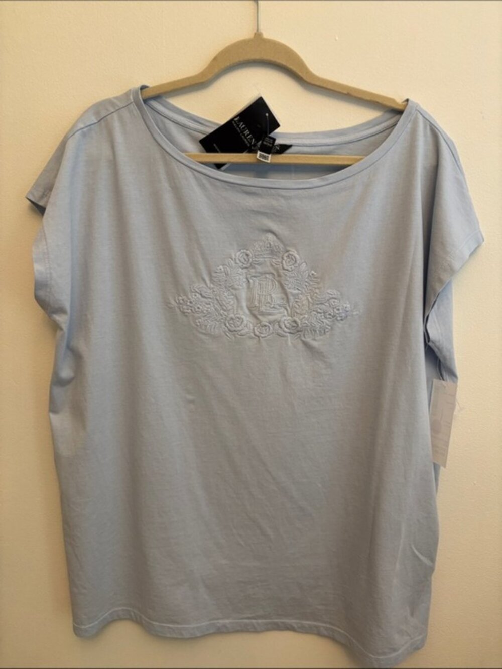 Lauren Ralph Lauren Beaded-Logo Cotton Jersey Tee – Light Blue – Size 2X – NWT